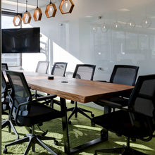 Load image into Gallery viewer, Recycle BC Boardroom Table-Cedare Live Edge Slab with Black Metal Trapezoid Base 