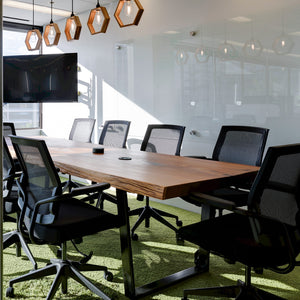 Recycle BC Boardroom Table-Cedare Live Edge Slab with Black Metal Trapezoid Base 
