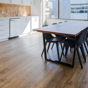 Recycle BC Office Furniture Reclaimed Fir Table Top with Metal Trapezoid Base